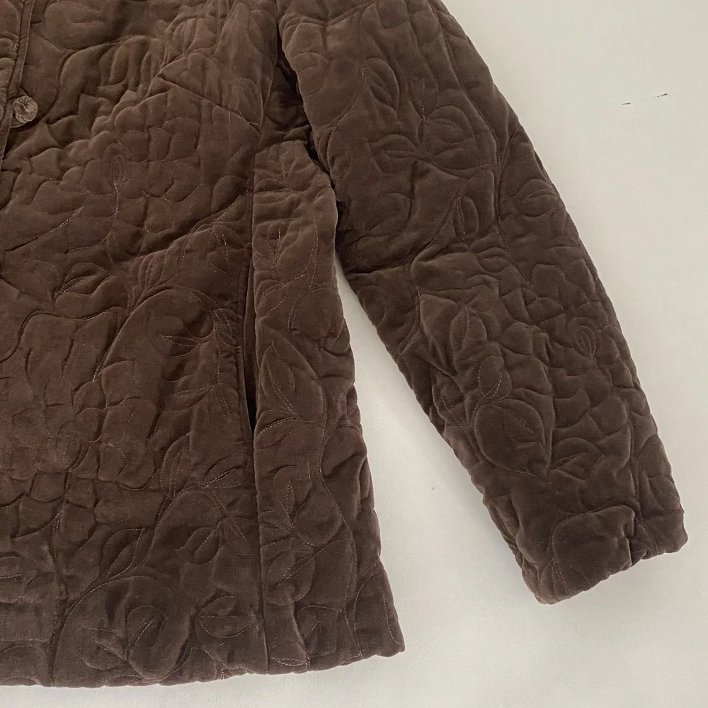 VTG Quilted Womens Quilted Velvet Jacket XL Chocolate Brown Lined Embroidered - Picture 7 of 12